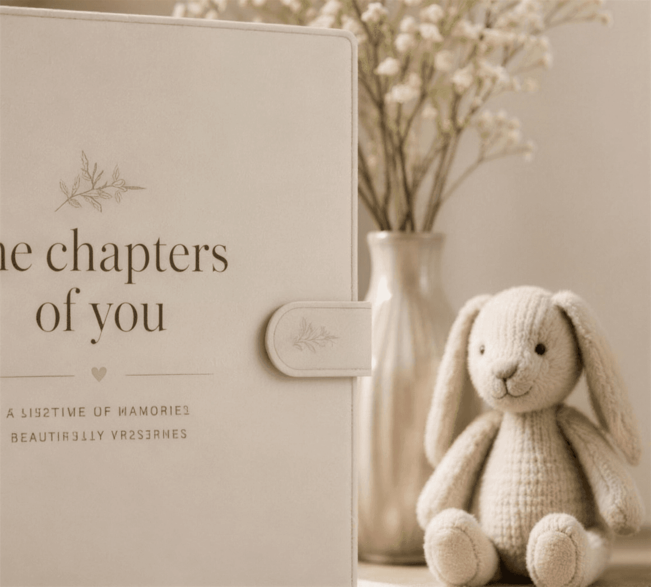The linen keepsake binder standing beside a soft toy and flowers