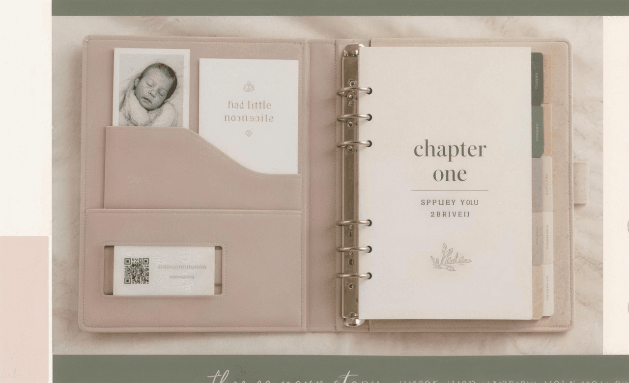 An open keepsake binder with a guided page and a photo tucked into a pocket